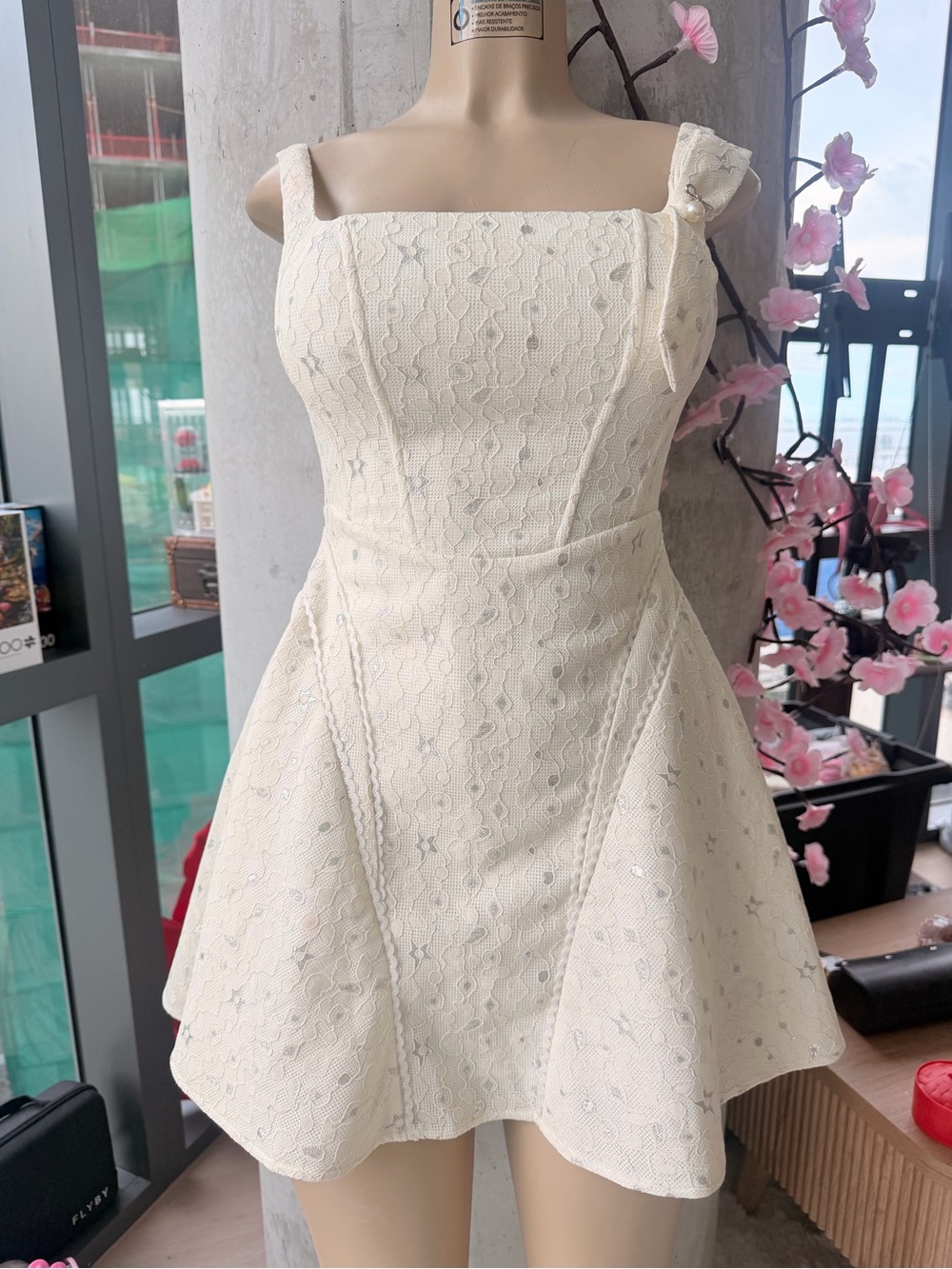 Cream Lace A-Line Mini Dress with Bow Shoulder Detail Size Small